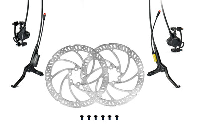 Tektro hydraulic disc brake replacement set with rotors and cables.