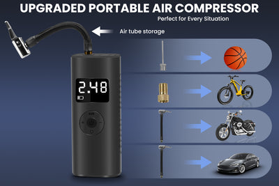 Upgraded portable air compressor with digital display and nozzle attachments for versatile inflation.
