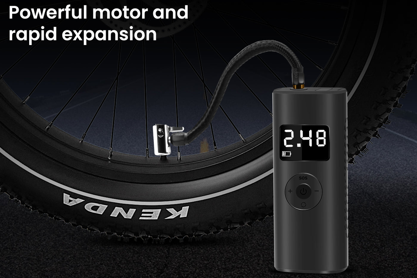 Compact tire inflator displaying 2.48 pressure, ideal for fast inflation on-the-go.
