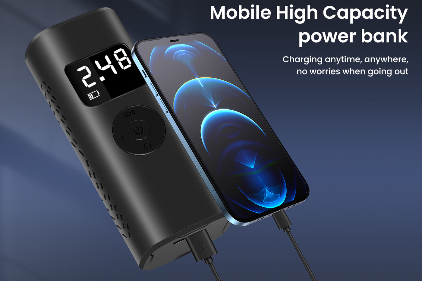 Mobile high-capacity power bank charging a phone with digital display of 2.48.