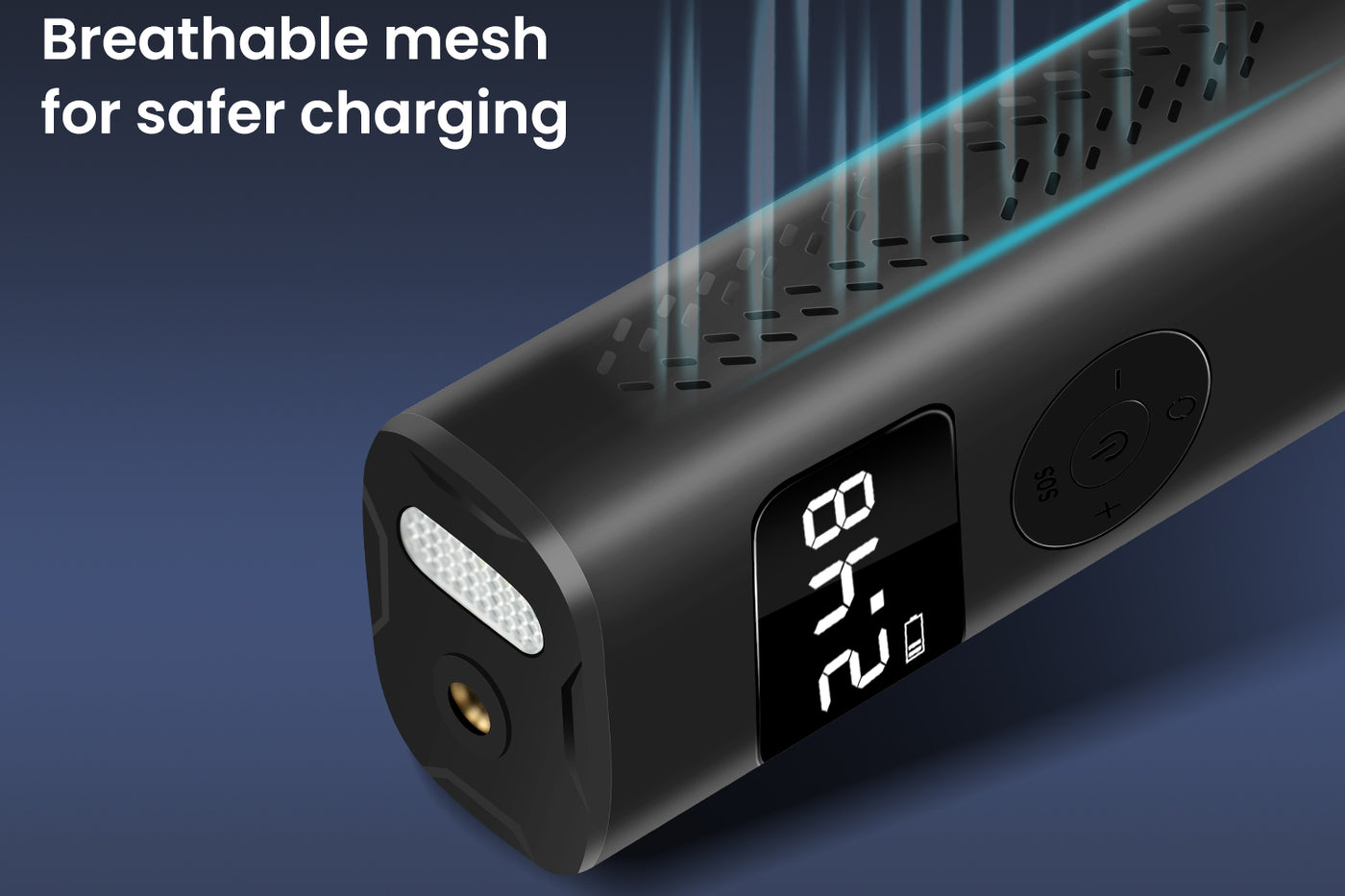 Portable tire inflator with breathable mesh and digital display showing 2.48 PSI.