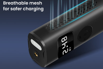 Portable tire inflator with breathable mesh and digital display showing 2.48 PSI.