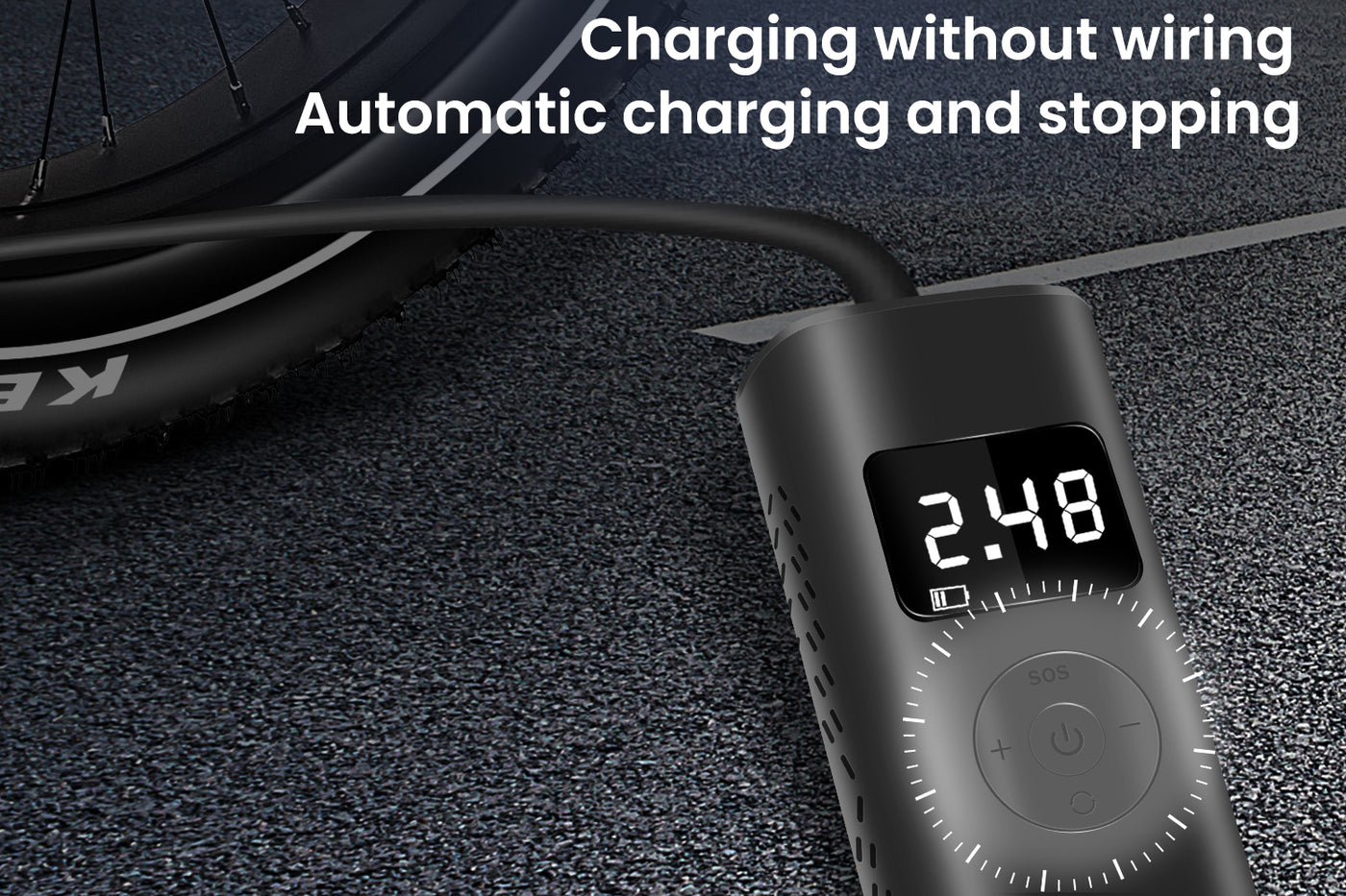 Tire inflator charging, automatic stop, digital display at 2.48 PSI.