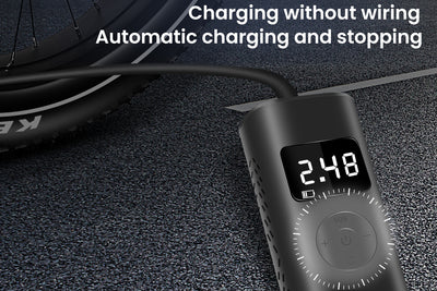 Tire inflator charging, automatic stop, digital display at 2.48 PSI.