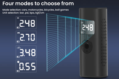 Tire inflator digital display showing 2.48 PSI with four inflation mode selections.