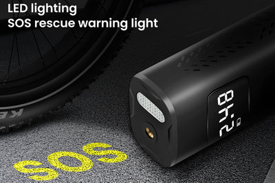Tire inflator with SOS light and digital display settings for emergency use.