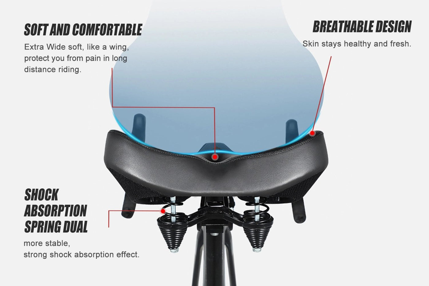Breathable oversized e-bike seat with soft padding and dual shock absorption features.