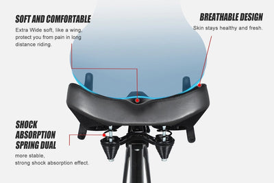 Breathable oversized e-bike seat with soft padding and dual shock absorption features.