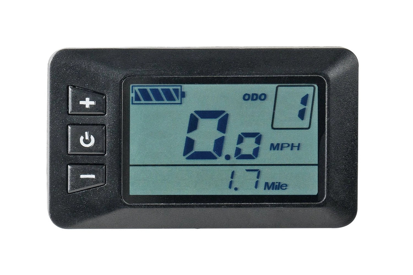 Digital display panel for Magicycle ebike showing speed and battery level.