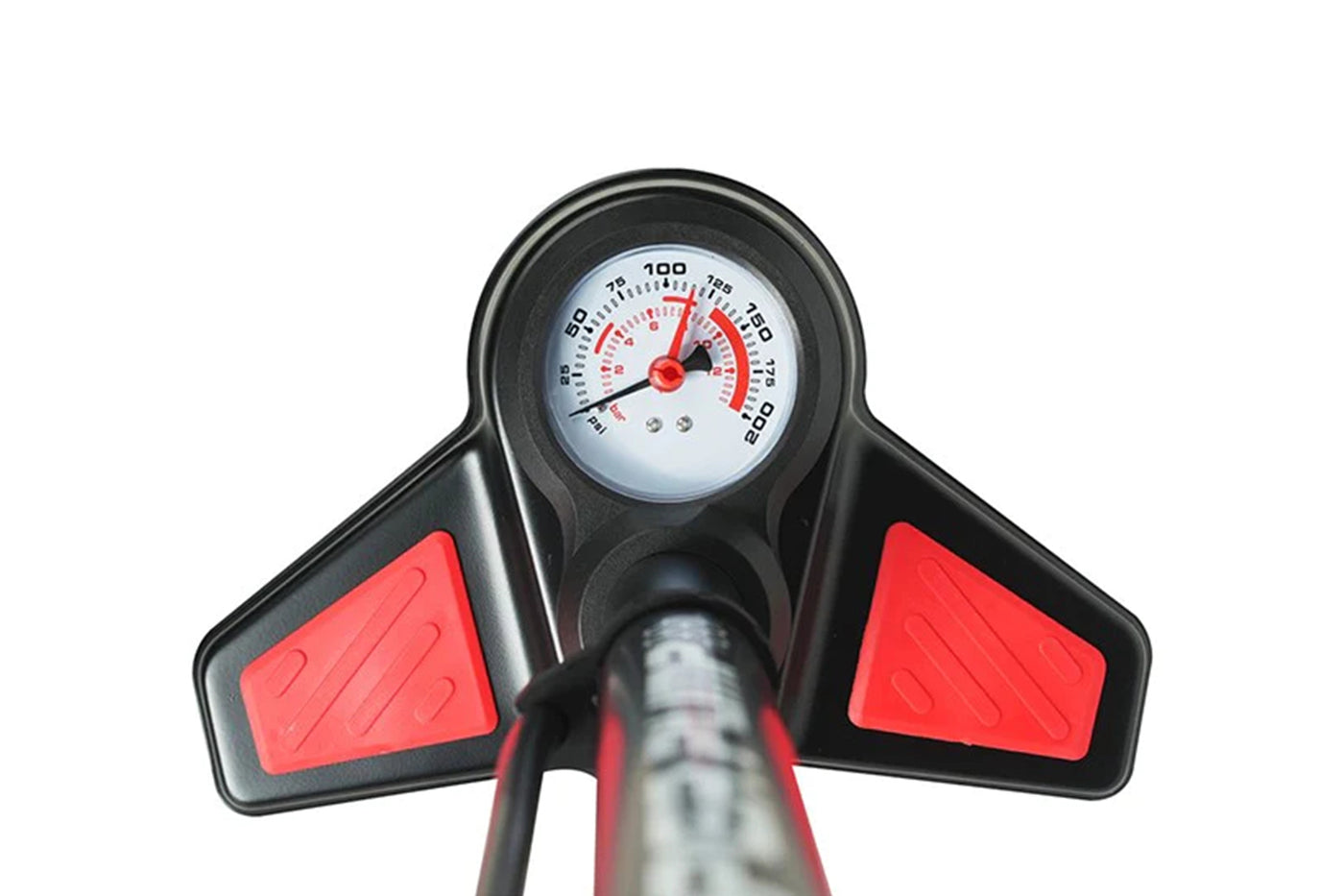 Precision pressure gauge on air pump for accurate tire inflation.
