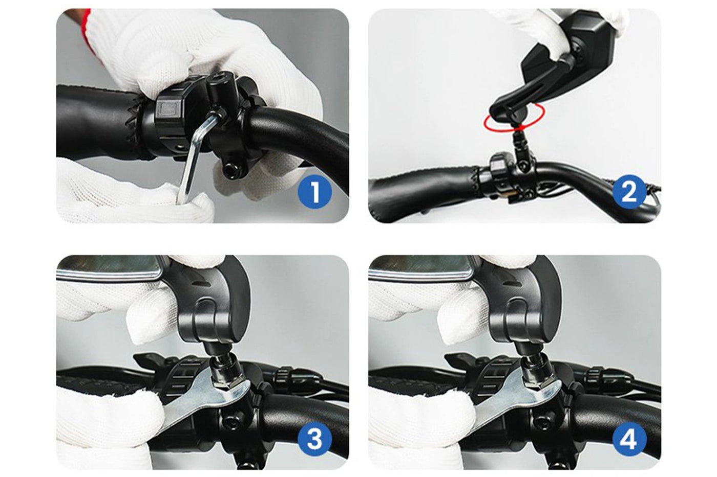 Step-by-step guide to install Magicycle HD e-bike mirrors on handlebars.