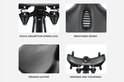 Detailed view of ergonomic oversized e-bike saddle with dual shock absorption and breathable design.