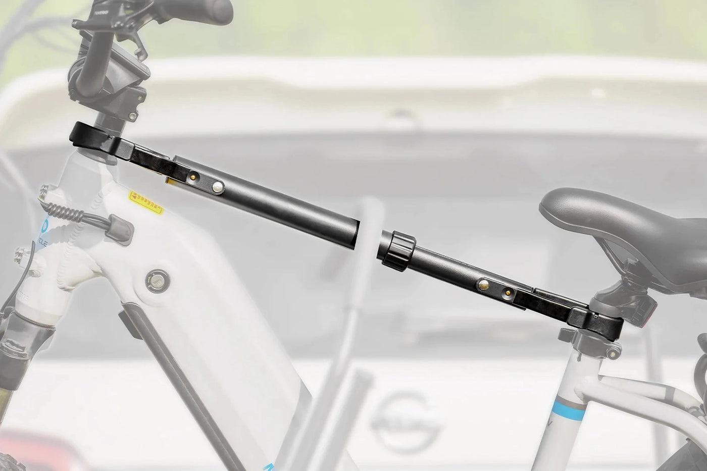 Cross-Bar Top Tube Adjustable Adapter mounted for secure e-bike transport