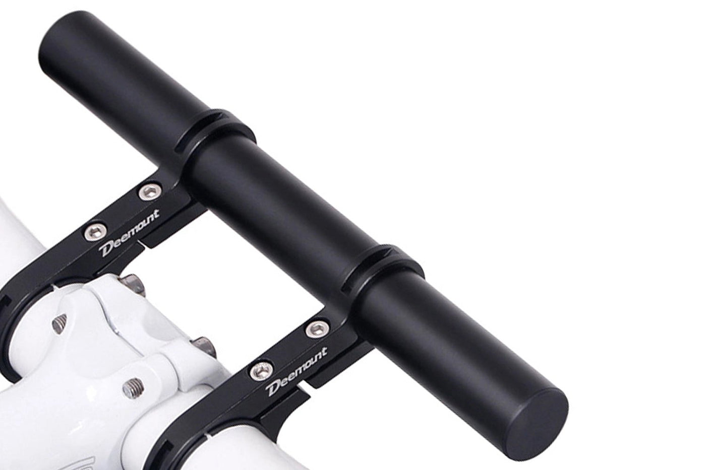 Black Deemount bike handlebar extender for added space and mounting accessories.