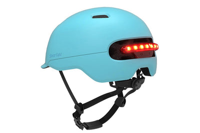 Light blue Smart4U e-bike helmet featuring bright rear LED lights for enhanced safety.