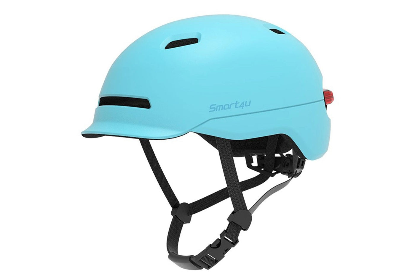 Light blue Smart4U e-bike helmet with adjustable straps and rear LED lights