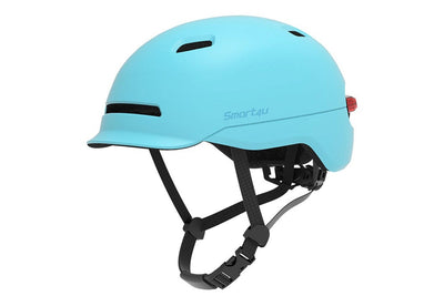 Light blue Smart4U e-bike helmet with adjustable straps and rear LED lights