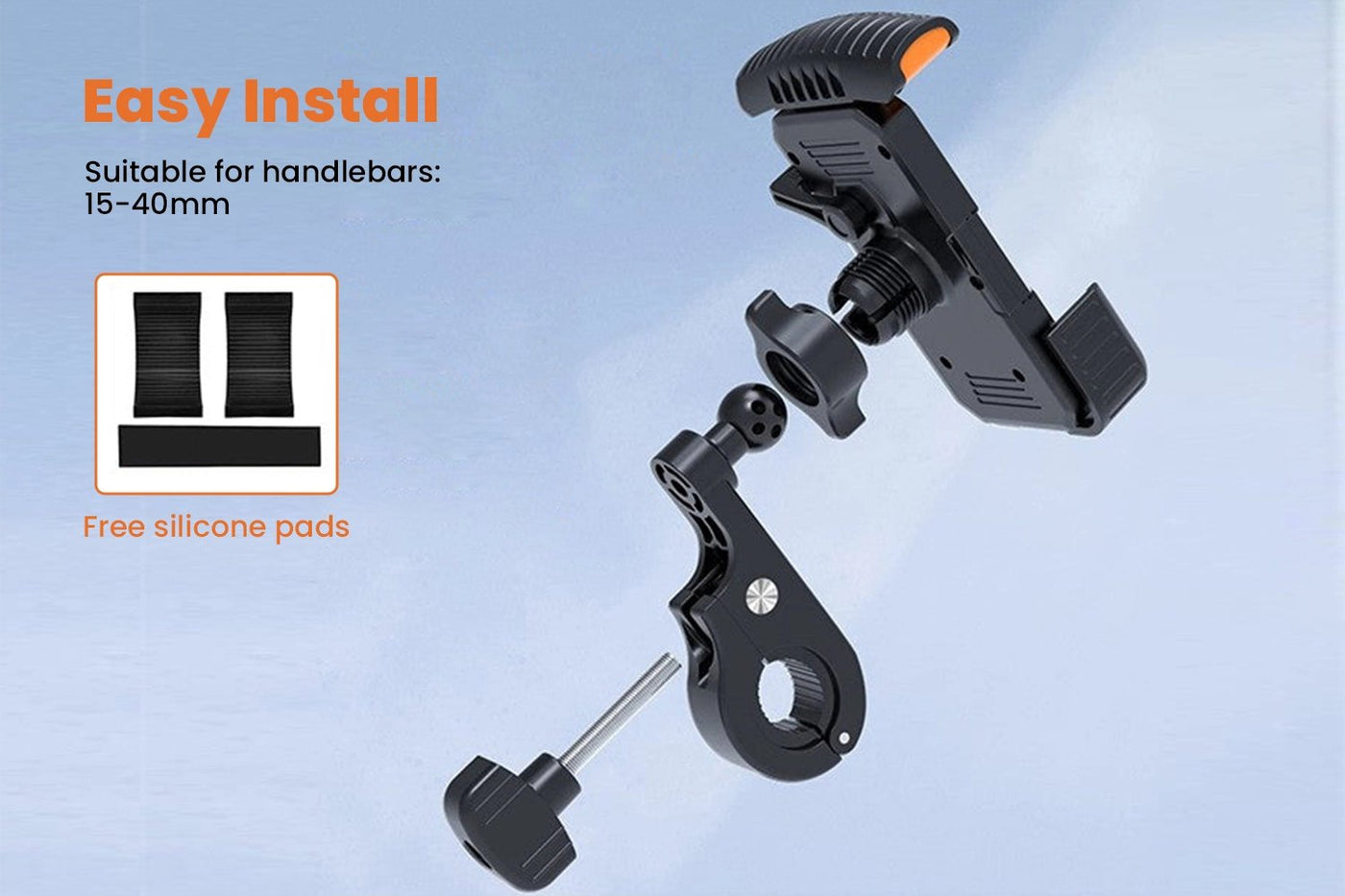 ACRUNU phone holder with easy install design for ebike handlebars, includes silicone pads