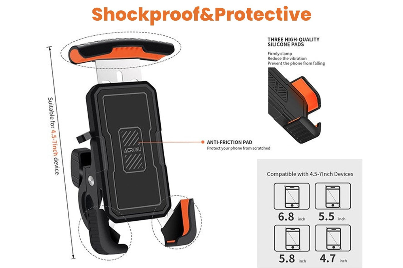 Shockproof ACRUNU Ebike Phone Holder with anti-friction pads for 4.5-7 inch devices