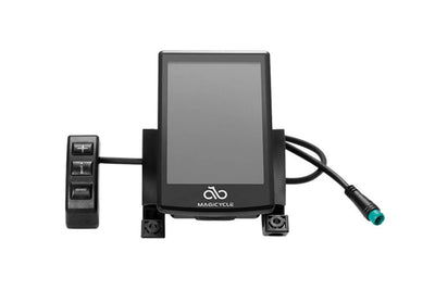 Magicycle electric bike display showing digital metrics and control buttons.