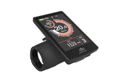 Magicycle ebike display with speed, battery level, and odometer readings.