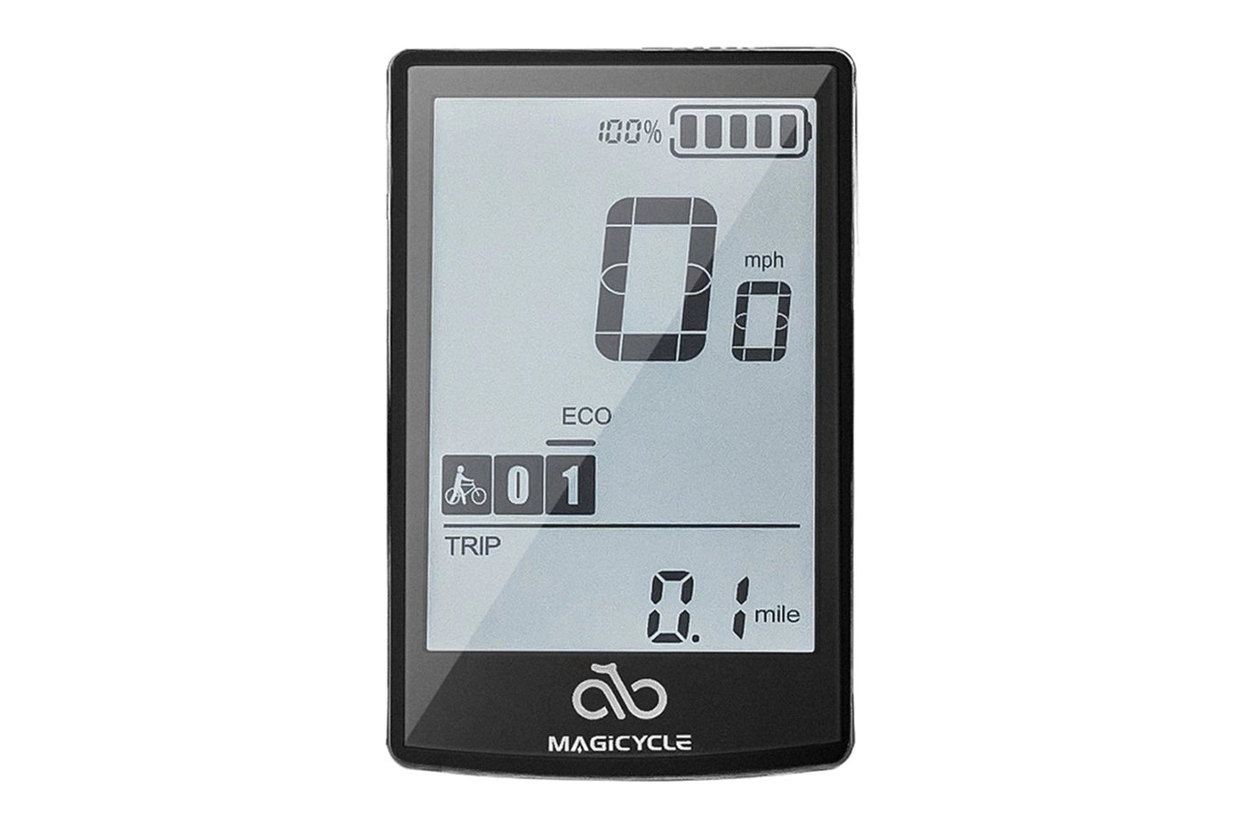 Magicycle ebike display showing battery level, speed, and trip data.