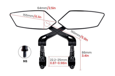Magicycle HD e-bike mirrors with dimensions and installation specifications.