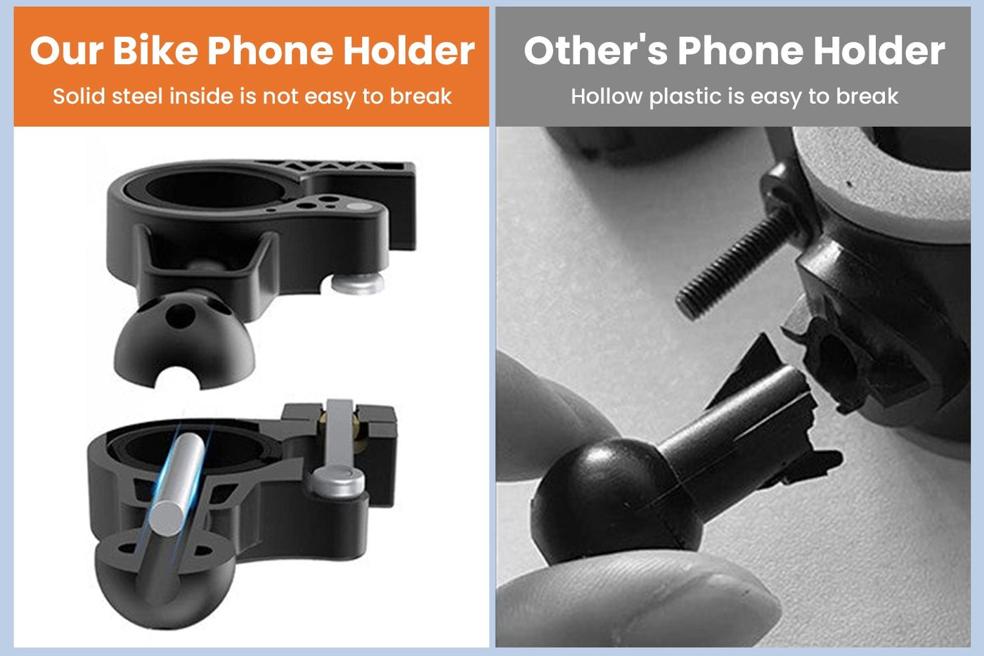 ACRUNU phone holder features solid steel; competitor shows hollow plastic for durability.