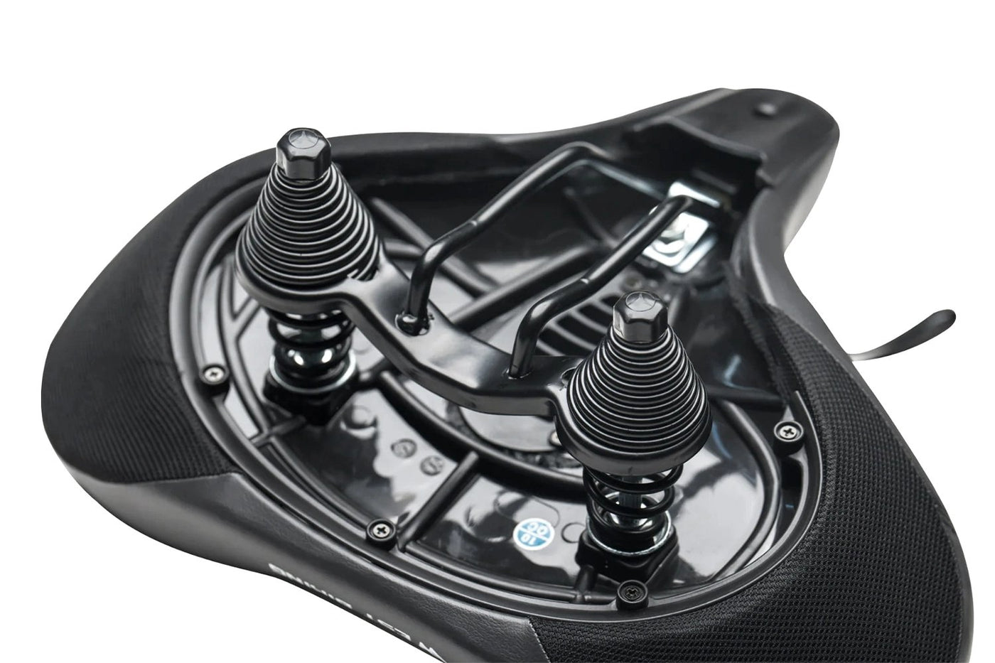 Bottom view of ergonomic oversized e-bike seat with dual spring shock absorbers
