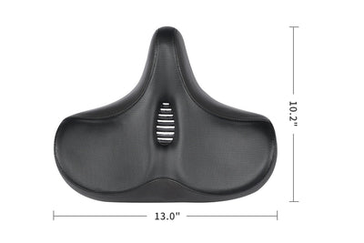 Top view of ergonomic oversized e-bike seat with mesh design and dimensions.