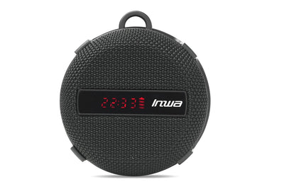 Compact black Bluetooth speaker with battery display for e-bikes.