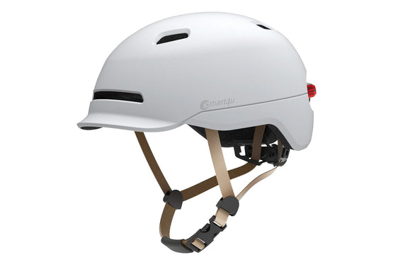 Smart4U white smart e-bike helmet with adjustable chin strap and vents