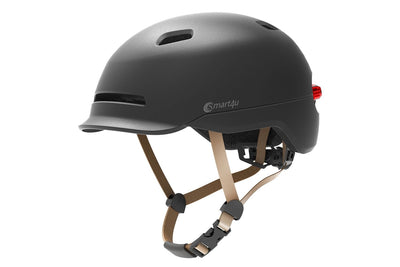 Matte black Smart4U e-bike helmet with rear LED light and adjustable chin strap.